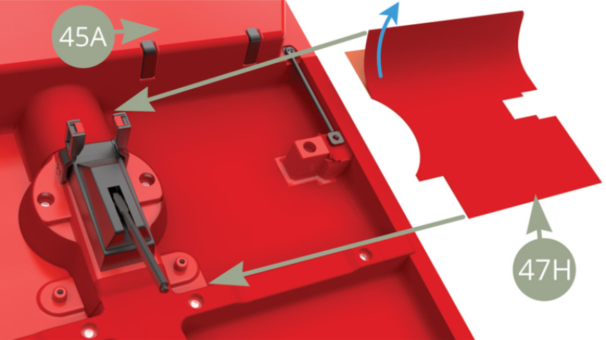 Despegue el 47H (Cubierta del suelo de la cabina) de su papel de soporte, aplíquelo y alíselo en la zona trasera izquierda del 45A (suelo de la cabina).
