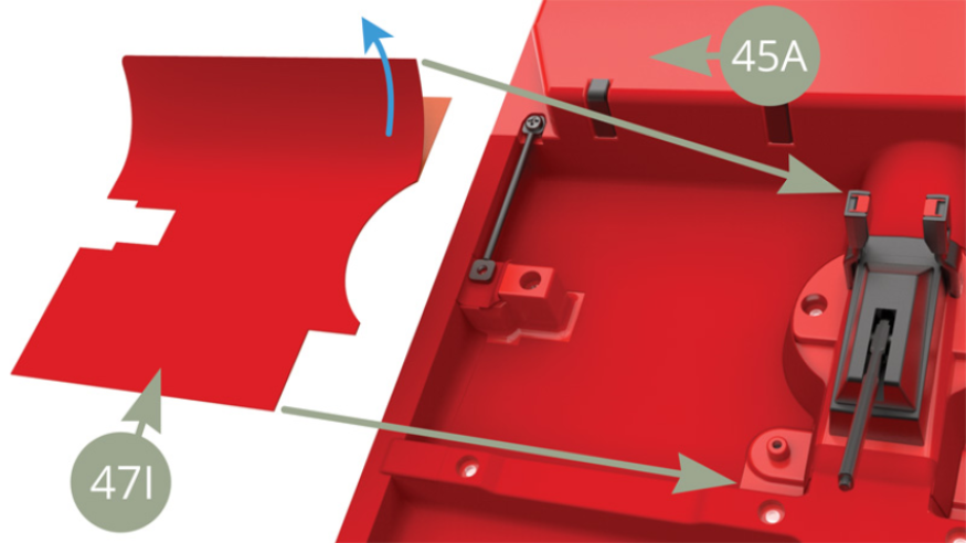 Détacher le revêtement de plancher 47I de son support, puis l’appliquer et le lisser sur le côté arrière droit du plancher de l’habitacle 45A.