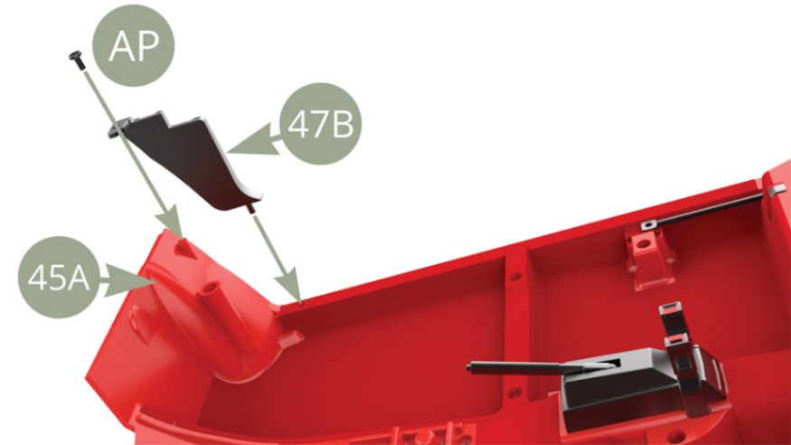 Coloca 47B (Panel frontal derecho) en  45A (Suelo de la cabina) y fíjelo con un tornillo AP.