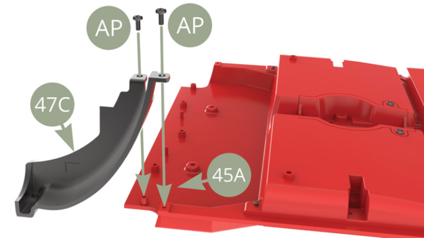 Positionner le pare-boue arrière gauche 47C à l’angle arrière gauche sous le plancher de l’habitacle 45A et le fixer avec deux vis AP.