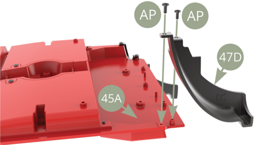 Positionner le pare-boue arrière droit 47D à l’angle arrière droit sous le plancher de l’habitacle 45A et le fixer avec deux vis AP.