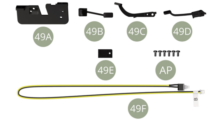 49A Panel de los pedales49B Pedal del acelerador49C Pedal de freno49D Pedal de embrague49E Soporte del interruptor49F Cable del interruptor del frenoAP M 1,7 x 4 mm (x 6)