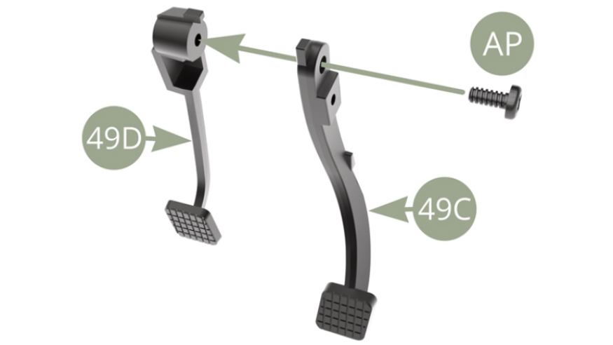 Fit 49C Brake pedal to 49D Clutch pedal and fix with AP screw ( don’t overtighten , allow pedals movement ) . Note mutual orientation of 49D Clutch and 49C Brake pedals as shown below in red circle