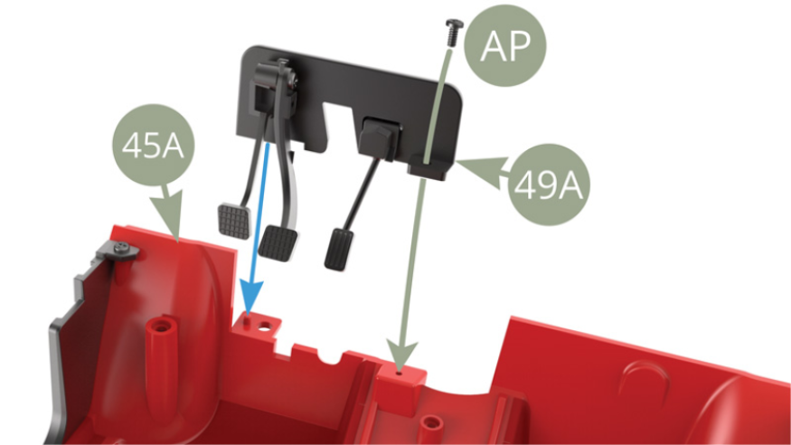 Fit 49A Pedal’s panel to 45A Cabin floor pin ( blue arrow ) and fix with AP screw.