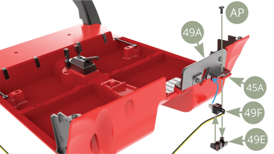 Fit 49F Brake switch into the opening pointed by blue arrow , secure it from below by 49E Switch holder and fix the latter with AP screw to 45A Cabin floor bracket and 49A Pedals’ panel bracket.