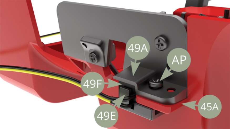 49F (Bremsschalter) eingebaut zwischen 49A (Bedienfeld Pedale) und 49E (Schalter Halterung).