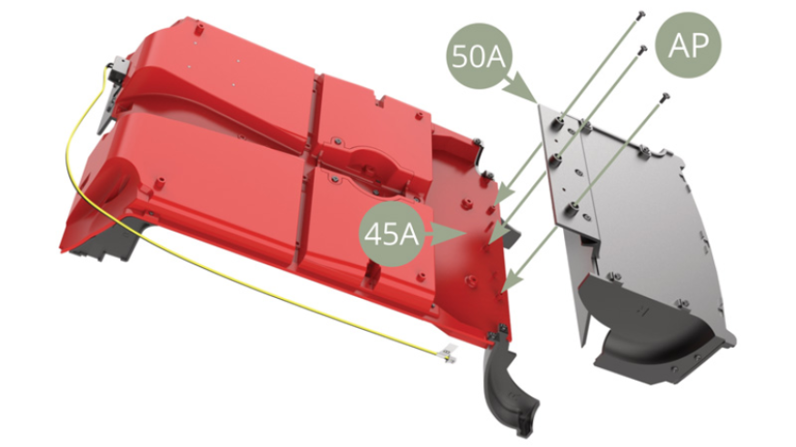 Fit 50A Trunk floor assembly to 45A Cabin floor rear edge and fix with three AP screws.