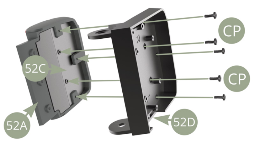 Positionner le support de siège avant gauche 52D et le  panneau 52C sur l’assise de siège avant gauche 52A et le fixer ensuite avec 5 vis CP.