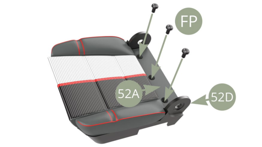 Fija 52A (Cojín del asiento delantero izquierdo) a 52D (Base del asiento delantero izquierdo) con tres tornillos FP.