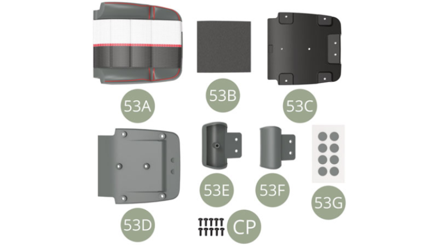 53A Front left seat backrest53B Backrest padding53C Backrest inner panel53D Backrest outer panel53E Headrest front 53F Headrest back 53G Roundel stickers ( x8 )CP M 1,7 x 5 mm (x 10)