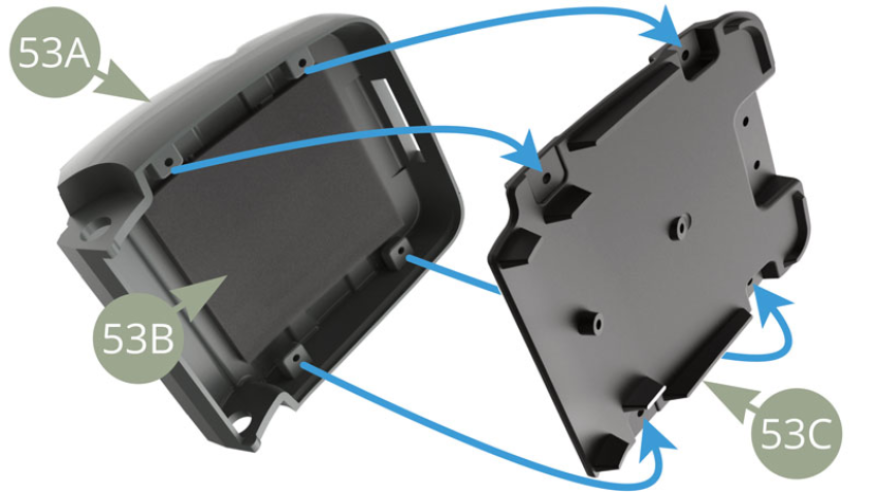 Fit 53B Backrest padding into 53A Front left seat backrest . Fit 53C Backrest inner panel on top of 53B Backrest padding , and into 53A Front left seat backrest with its four tabs going over 53C Backrest inner panel as blue arrows show.