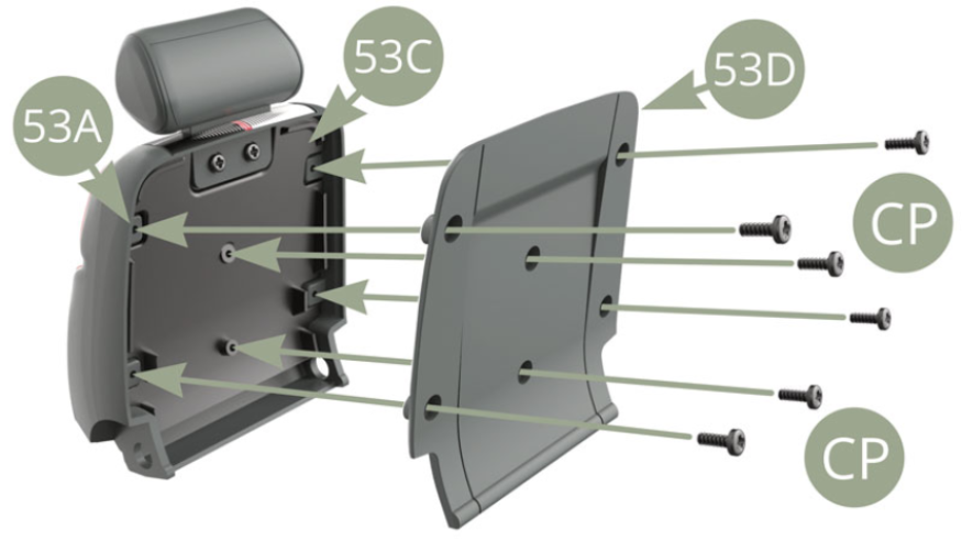 Coloca 53D (Panel exterior del respaldo) en  53C (Panel interior del respaldo) y fíjelo con seis tornillos CP.