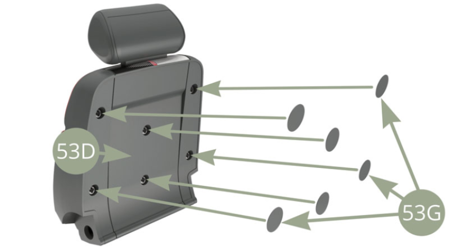 Ziehen Sie das Trägerpapier von 53G (Runde Aufkleber) ab und kleben Sie es auf die sechs Schraubenkopf-Nischen 53D (Außenverkleidung der Rückenlehne).