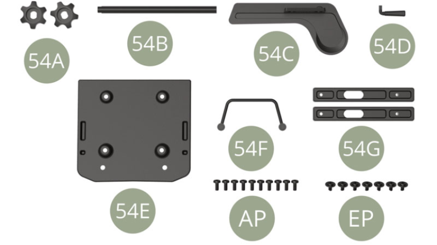 54A Einstellrad Rückenlehne ( x2 )54B Achse54C Verkleidung Seitenteil Sitzfläche54D Hebel zum Anheben des Sitzes54E Bodenplatte Sitzfläche54F Hebel zur Einstellung der Rückenlehne  54G Vordere und hintere Gleitschienen ( x2 )AP M 1,7 x 4 mm (x 10)EP M 1,7 x 3 x 5 mm (x 7)