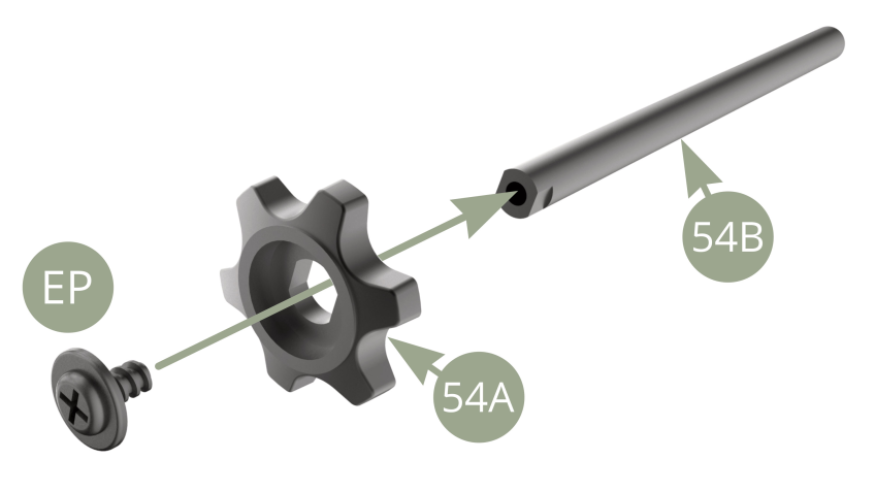 Fit 54A Backrest adjustment wheel to any end of 54B Axle and fix with EP screw.