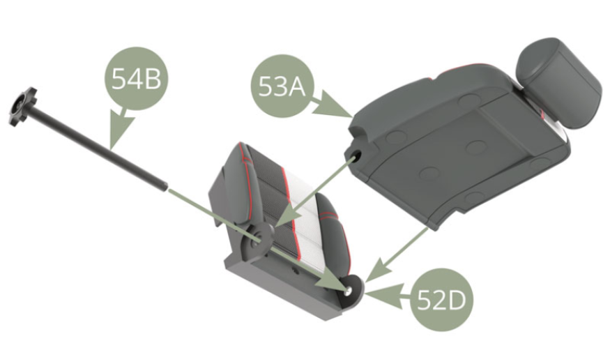 Align 53A Backrest lower side holes to 52D Seat base brackets and lock them together by passing 54B Axle.