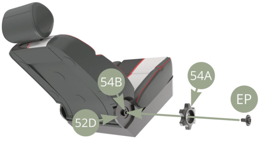 Fit 54A Backrest adjustment wheel to the other end of 54B Axle and fix with EP screw.