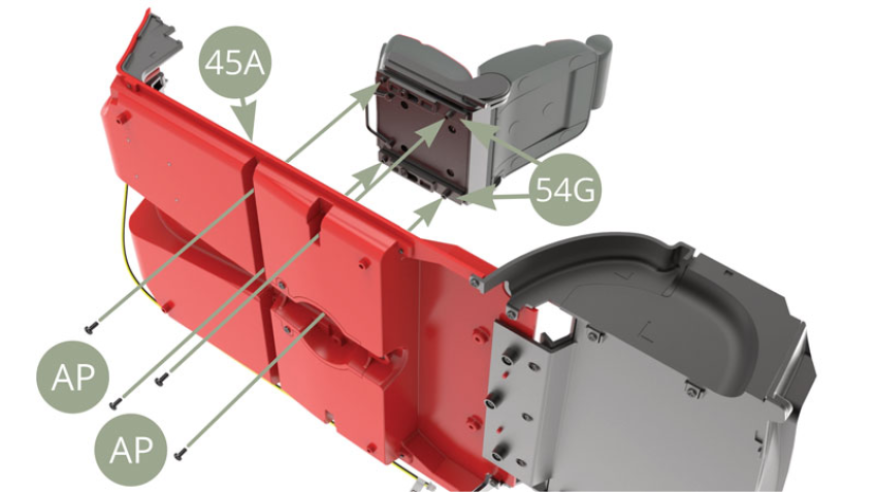 Monte el asiento delantero izquierdo premontado con sus dos raíles 54G en 45A (Suelo de la cabina) y fíjelo con cuatro tornillos AP (imagen siguiente).