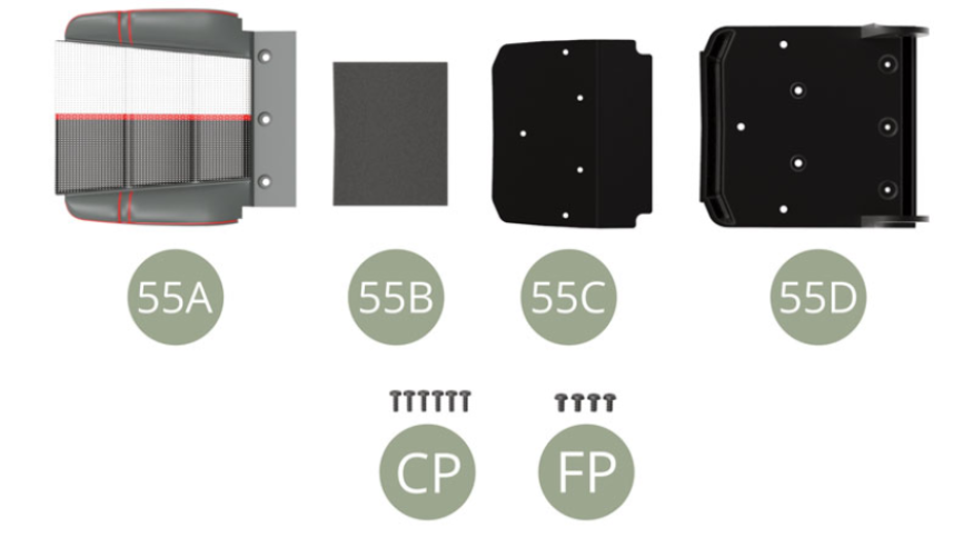 55A Assise de siège avant droit55B Rembourrage d’assise55C Panneau d’assise55D Support de siège avant droitCP Vis M 1,7 x 5 mm (x 6)FP Vis M 2,0 x 4 x 4 mm (x 4)