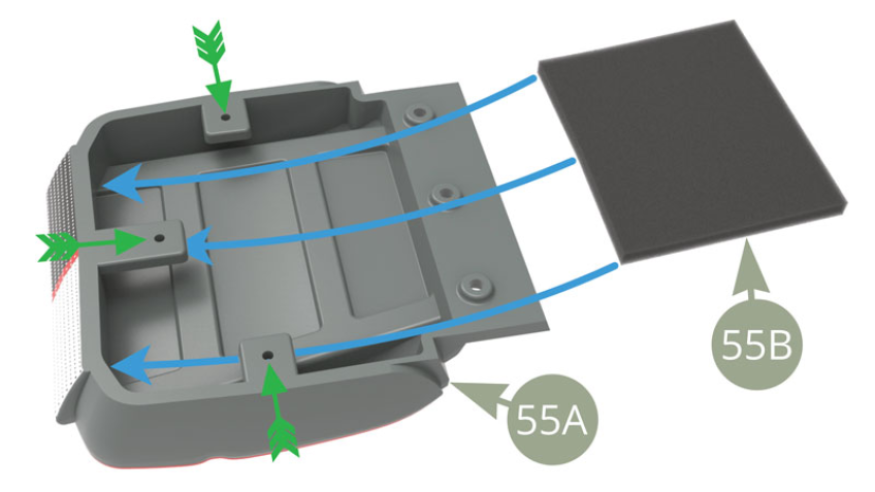 Slide 55B Cushion padding foam into 55A Front right seat cushion under three tabs pointed by green arrows.