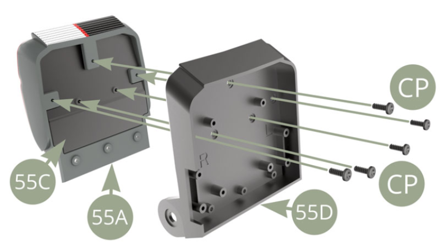 Positionner le support de siège avant droit 55D et le  panneau 55C sur l’assise de siège avant droit 55A et le fixer ensuite avec 5 vis CP.