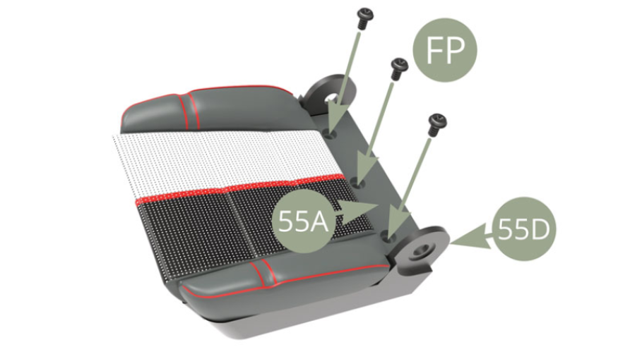 Fix 55A Front right seat cushion to 55D Front right seat base with three FP screws.