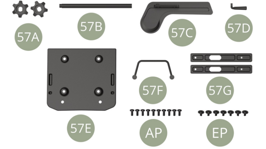 57A Backrest adjustment wheel ( x2 )57B Axle57C Seat base side panel57D Seat lifting lever57E Seat base bottom panel57F Fore and aft adjustment lever57G Fore and aft slide rails ( x2 )AP M 1,7 x 4 mm (x 10)EP M 1,7 x 3 x 5 mm (x 7)