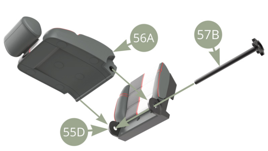 Align 56A Backrest lower side holes to 55D Seat base brackets and lock them together by passing 57B Axle.