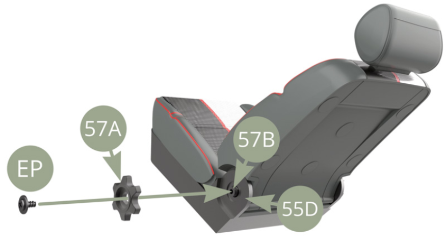 Fit 57A Backrest adjustment wheel to the other end of 57B Axle and fix with EP screw.