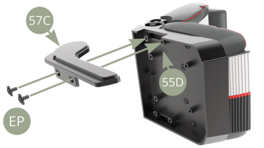 Positionner le panneau latéral d’assise de siège 57C sur le support de siège avant gauche 55D et le fixer avec deux vis EP.