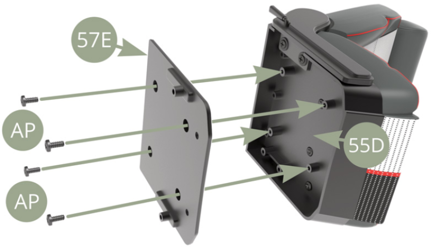 Fit 57E Seat base bottom panel to 55D Seat base and fix with four AP screws.