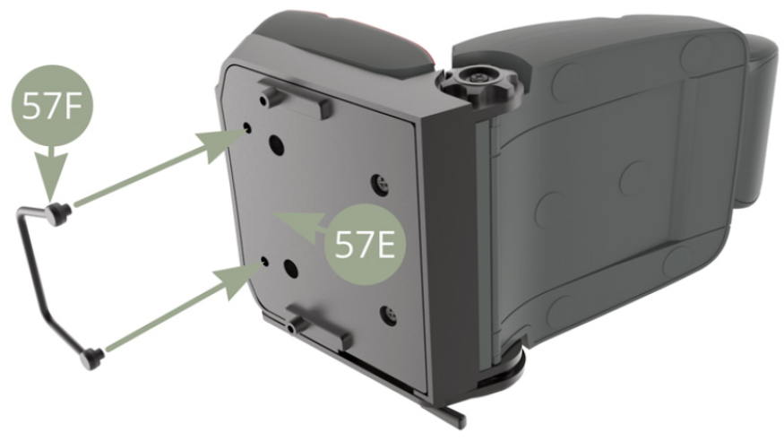 Montieren Sie 57F (Verstellhebel vorne und hinten) an 57E (Bodenplatte Sitzfläche).