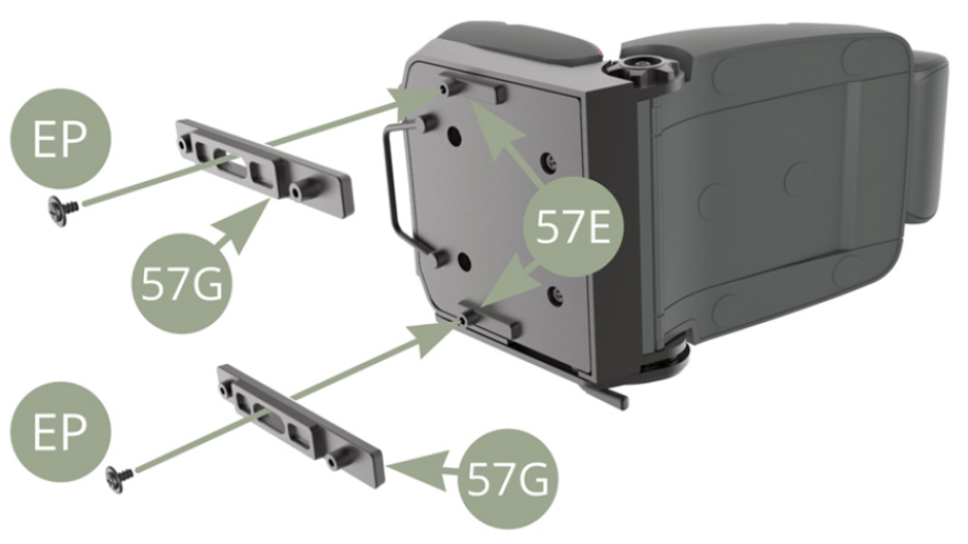 Zwei 57G (Vordere und hintere Gleitschienen) in die geprägten Führungen auf 57E (Bodenplatte Sitzfläche) einsetzen und jeweils mit einer EP-Schraube befestigen.