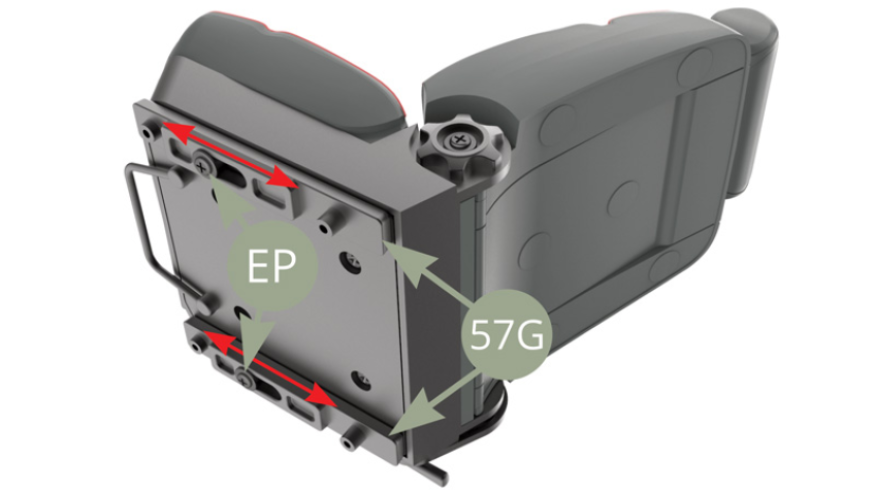 S’assurer que les vis EP ne sont pas trop serrées afin que les glissières 57G puissent bouger correctement (flèches rouges).