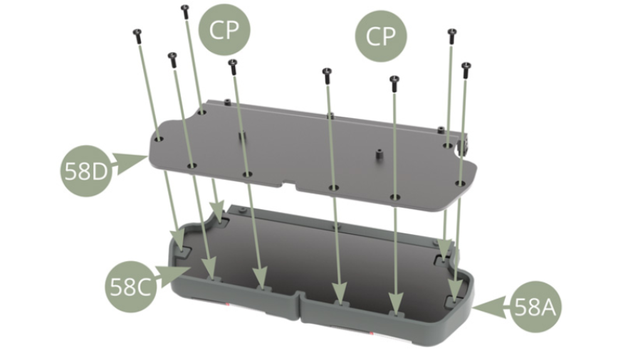 Coloca 58D (Base del asiento trasero) en 58C (Panel del cojín) en 58A (Cojín del asiento trasero) y fíjelo con ocho tornillos CP.