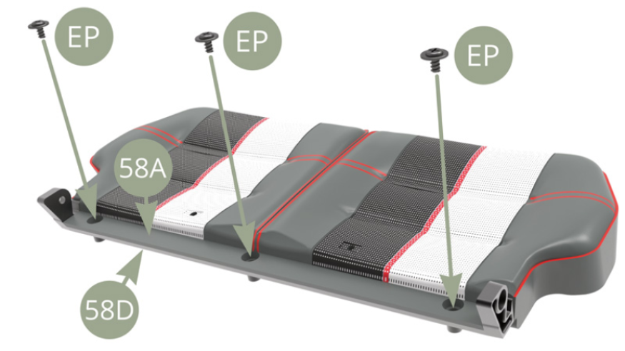 Fija 58A (Cojín del asiento trasero) al 58D (Base del asiento trasero) con tres tornillos EP.