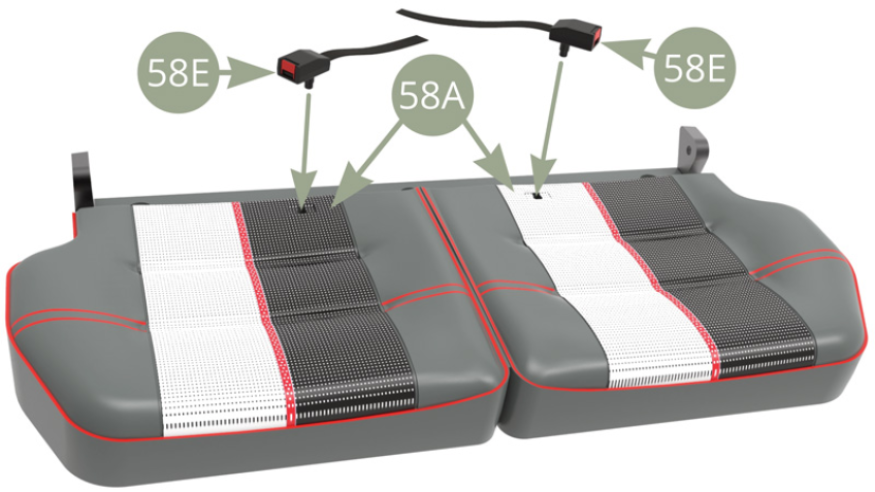 Fit two 58E Rear safety belt locks to 58A Rear seat cushion.