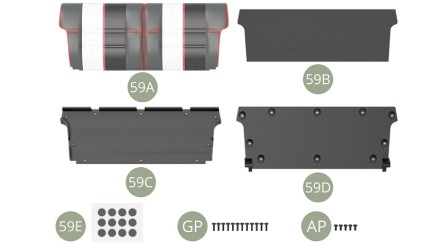 59A Dossier de sièges arrière59B Rembourrage de dossier59C Panneau de dossier intérieur59D Panneau de dossier extérieur59E Cache autocollant rond (x 12)GP Vis M 1,7 x 6 mm (x 12)AP Vis M 1,7 x 4 mm (x 5)