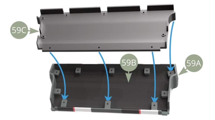 Fit 59C Backrest inner panel on top of 59B Backrest padding well into 59A Rear seat backrest and same way under its ten perimeter tabs.