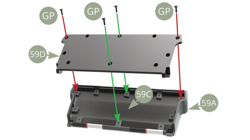 Monta 59D (Panel exterior del respaldo) con 59C (Panel interior del respaldo) en 59A (Respaldo del asiento trasero) y fíjelo con dos tornillos GP en el centro (flechas verdes) y otros dos tornillos GP en los extremos de la anchura (flechas rojas).