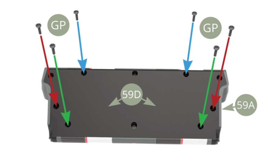 Continue to fix 59D Backrest outer panel ; first with two lower GP screws ( green arrows ) , then with two more GP screws ( red arrows ) and finally two remaining upper edge GP screws ( blue arrows ).