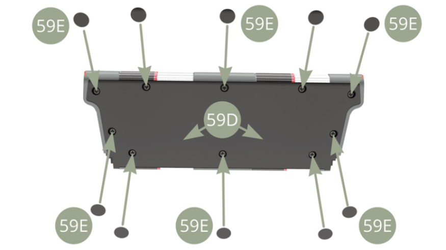 One by one , peel off backing paper ten 59E Roundel stickers and apply them over ten screw niches on 59D Backrest outer panel.