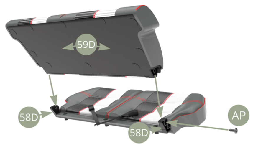 Monta 59D (Panel exterior del respaldo) con las dos conexiones laterales inferiores en 58D (Base del asiento trasero) y fíjelo con dos tornillos AP (ilustraciones arriba y abajo).