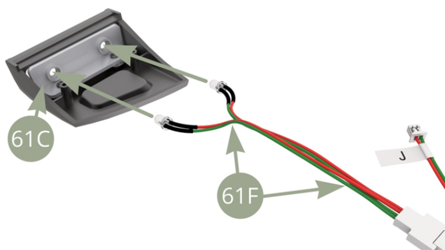 Positionner les deux lampes LED du câble du combiné J (rouge - vert) 61F dans les logements prévus du panneau arrière de combiné 61C.