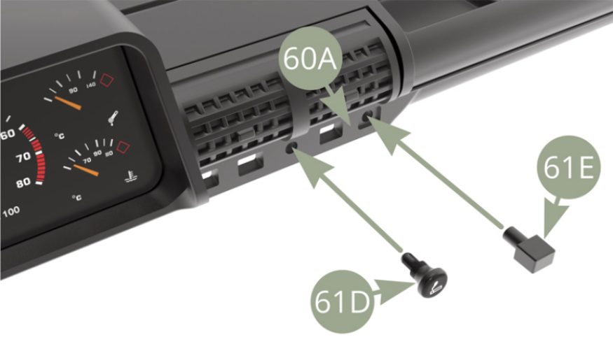 Fit 61D Cigar lighter and 61E Optional button plug to 60A Upper dashboard panel sockets.