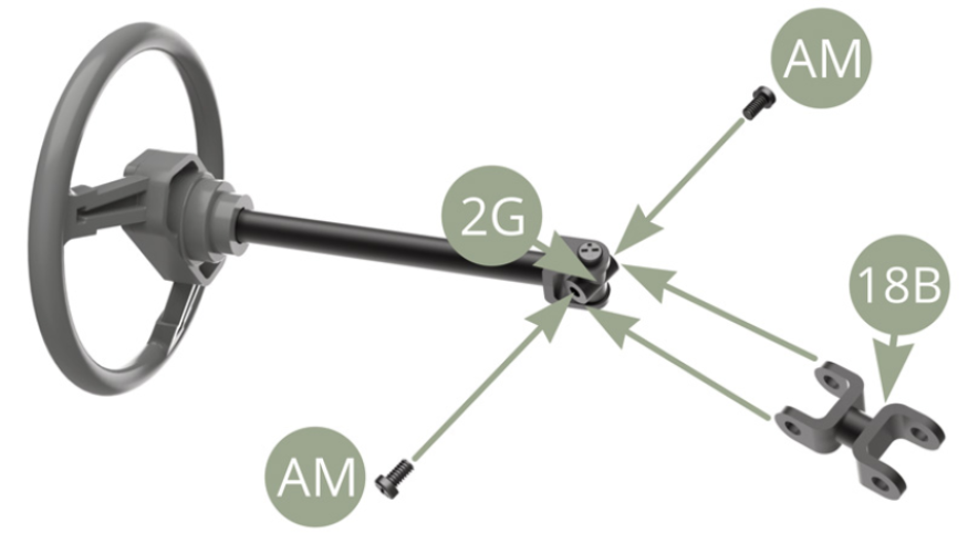 Fit 18B Steering column link to preassembled Steering wheel 2G Universal joint and fix with two AM screws.