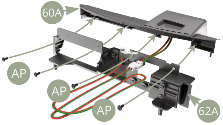 62A (Instrumentenbrett) an 60A (oberes Armaturenbrett) montieren und mit vier AP-Schrauben befestigen.