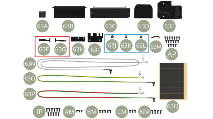 63A Uhr und Aschenbecher Panel63B Deckel des Handschuhfachs63C Handschuhfach hinten63D Oberes Lenksäulengehäuse63E Unteres Lenksäulengehäuse63F Beleuchtungs- und Signalisierungssteuerung63G Scheibenwischer - Steuerung der Scheibenwaschanlage63H Schalterhalterablage63I Schalterhalterung63J Taste für  Warnblinkanlage63K Taste für Heckscheibenheizung63L Taste für Nebelschlussleuchte63M Klemme63N G Kabel (weiß-grau)63O M Kabel (gelb-grün)63P S Kabel (rot-grün)63Q Klebebänder ( x6 ) AP M 1,7 x 4 mm (x 17)IP M 2,0 x 5 mm (x 11)AM M 1,7 x 3 mm (x 3)BM M 2,0 x 4 mm (x 5)CM M 1,7 x 4 mm (x 3)NM M 2,0 x 6 mm (x 4)