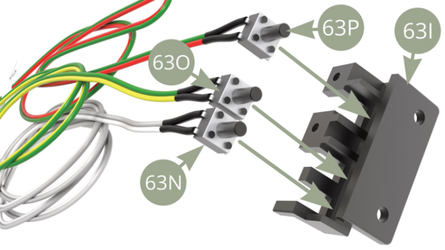 Montieren Sie die Schalter 63N (G-Kabel / weiß-grau), 63O (M-Kabel / grün-gelb) und 63P (S-Kabel /rot-grün ) an 63I (Schalterhalter).