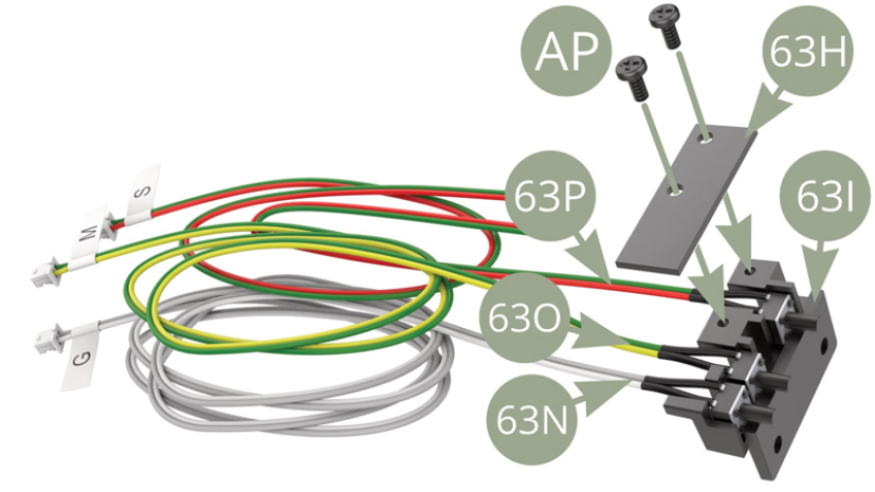 Fije los interruptores 63N (Cable G / blanco-gris ), 63O (Cable M / verde-amarillo) y 63P (Cable S / rojo-verde) en el 63I (Soporte del interruptor) con el 63H (Tablón de guarda-interruptores) y dos tornillos AP (figuras de abajo).